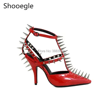 

Hot Sale Spike Rivets Stud Ankle Buckle Strap Thin High Heel Red Women Sandals Pointed Toe high heel T-Strap pumps