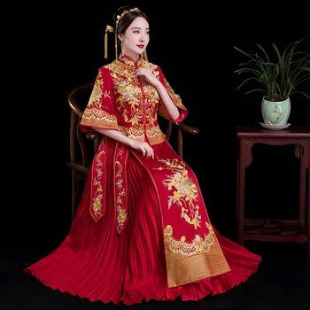 

China Style wedding dress Bridal Gown Embroidery cheongsam Elegant toast suits Overseas Traditional bride Qipao Dresses womens