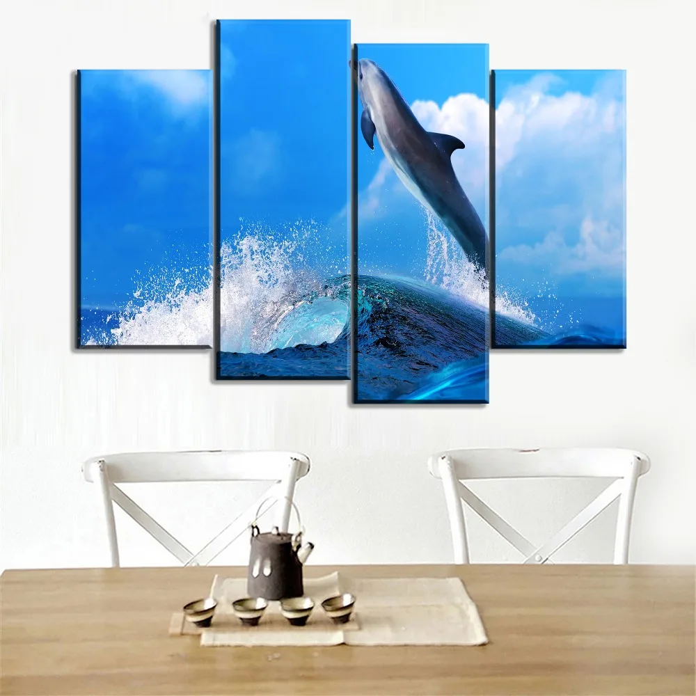 Top-Rated Canvas Printed Poster Wall Art Decor Framework 4 Pieces Ocean Animal Dolphin Painting Home Decorative Modular Artwork | Дом и сад
