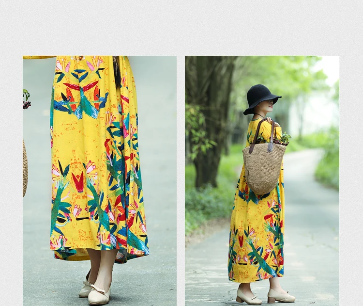 Plus Size Women Vintage Dress Summer Autumn Sundress Cotton Linen Vestidos Lady Long Dresses Print Floral Loose Casual Dress