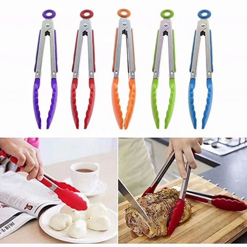 

Practical Silicone Kitchen Cooking Food Clip Barbecue Tongs Stainless Steel Handle Appliances BBQ Tools Non-Stick High quality
