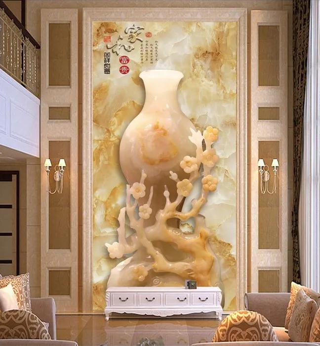 

Customized wallpaper mural Chinese style handmade art scenery with flower jade carving behind sofa as background in living room