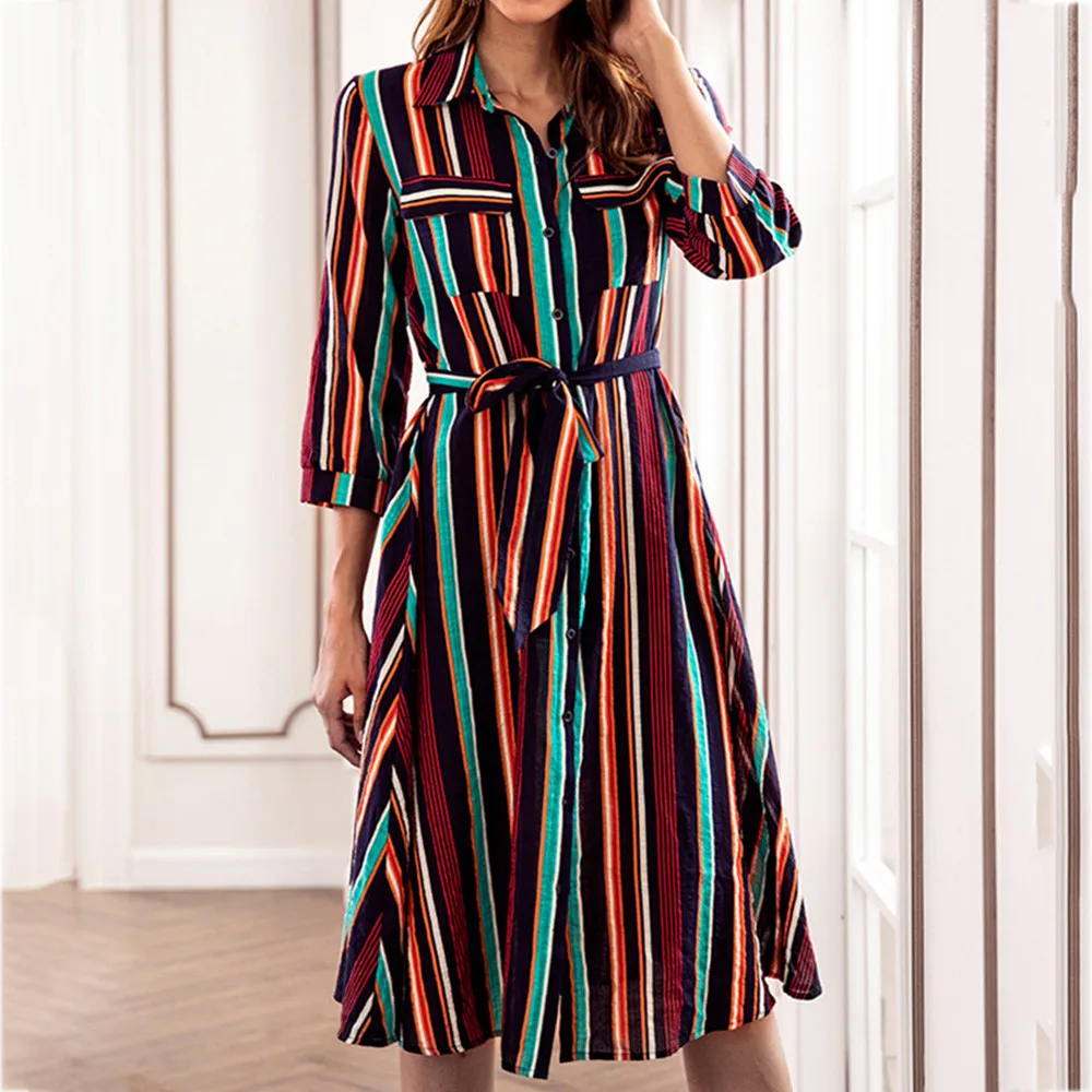 Dresses Long Sleeve Women Dress Office OL Casual Autumm Fashion Striped Multicolor Loose Button Shirts Dress With Belt 6.12