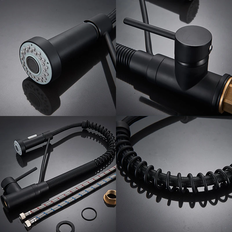 Quyanre-Matte-Black-Pull-Down-Kitchen-Spring-Faucet-Single-Level-Mixer-Tap-360-Rotation-2-way4 