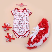 4PCs per Set Baby Girls Christmas Romper Snow Flake Petti Tutu Skirt Flower Headband Shoes for 0-24months