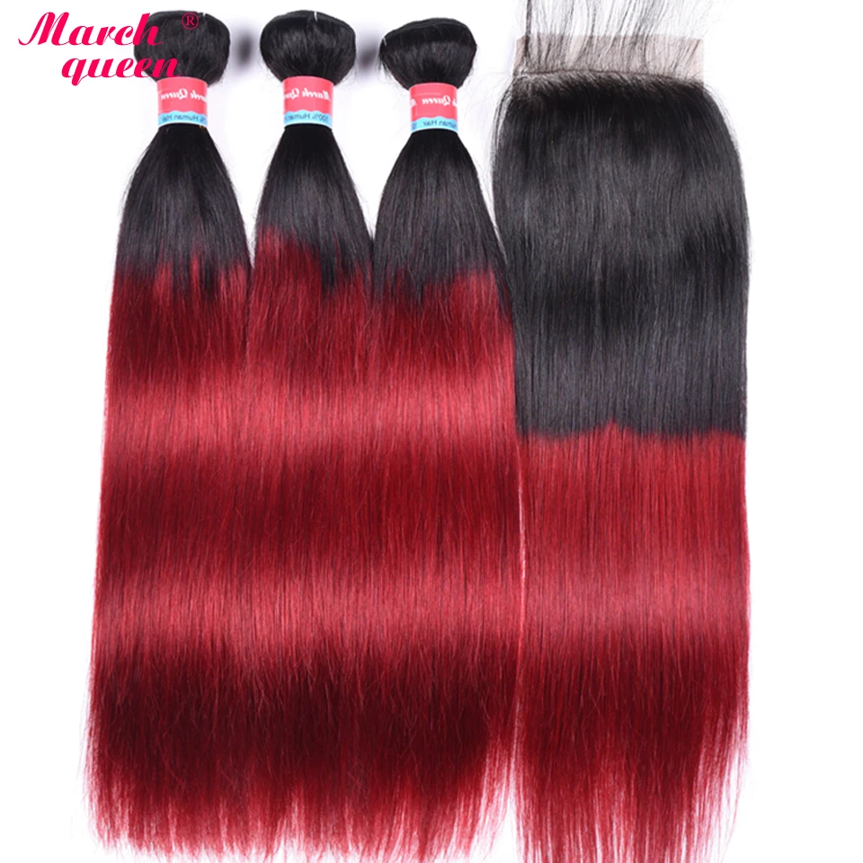 

March Queen T1B/Burgundy Brazilian Straight Hair With Closure Ombre Red Color Human Hair Weave 3 Bundles With 4*4 Lace Closure