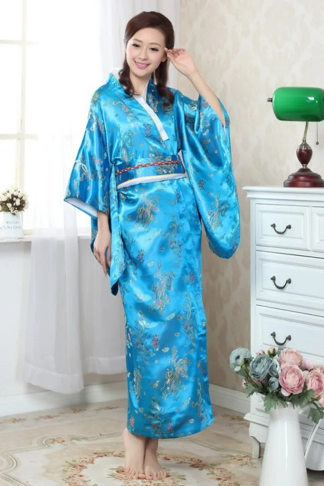 Шанхай история горячая Распродажа Винтаж светло-голубой японский Для женщин шелковый атлас кимоно юката вечернее платье с цветочным принтом 3 цвета H0052