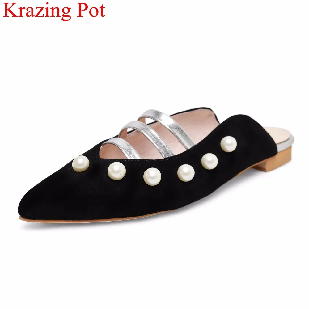 

gladiator pointed toe pearl square heel women sandals slip on office lady sweet casual mules big size elegant summer shoes L89