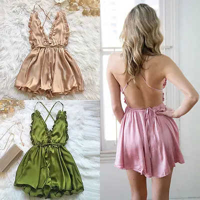 

Women Sexy Silk V neck One Piece Strap Dress Sleepwear Style Backless Bodysuit Playsuit Nightwear Dresses Women Clothes