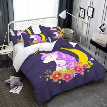 

Girls Bedding Set Dark Purple Unicorn Duvet Cover Set Floral Moon Printed Bedding Cover Kids Princess Bedclothes Pillowcase