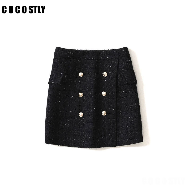 

Autumn Fashion Women A-Line Tweed Skirt Gold Buttons Winter Mini Skirts Spring High Waist Elegant Vintage Black Skirt Faldas
