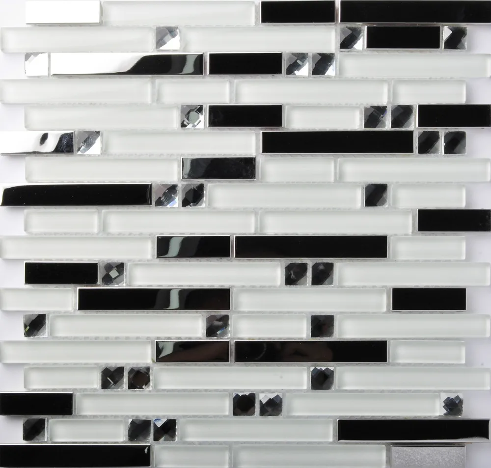 TST White Glass Shinnig Metal Tiles Silver Mirror Strip Diamond Grid