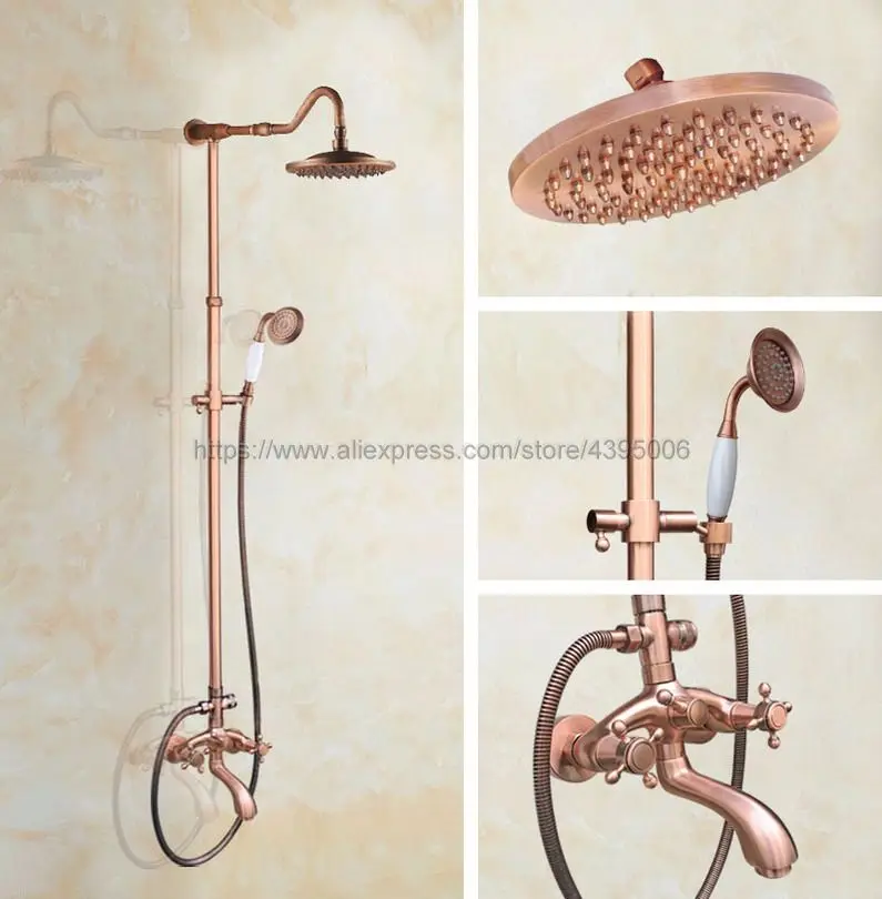 

Antique Red Copper Wall Mounted 8" Rain Shower Faucet Tub Spout Shower Mixer Tap W/ Hand Shower Sprayer Brg604