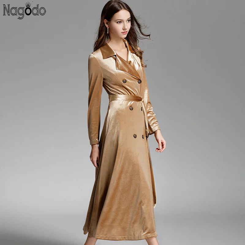 

High Quality Women Windbreaker 2019 Spring V-neck Double Breasted Casual Velvet Long Trench Coat Slim With Belt Overcoat Dress