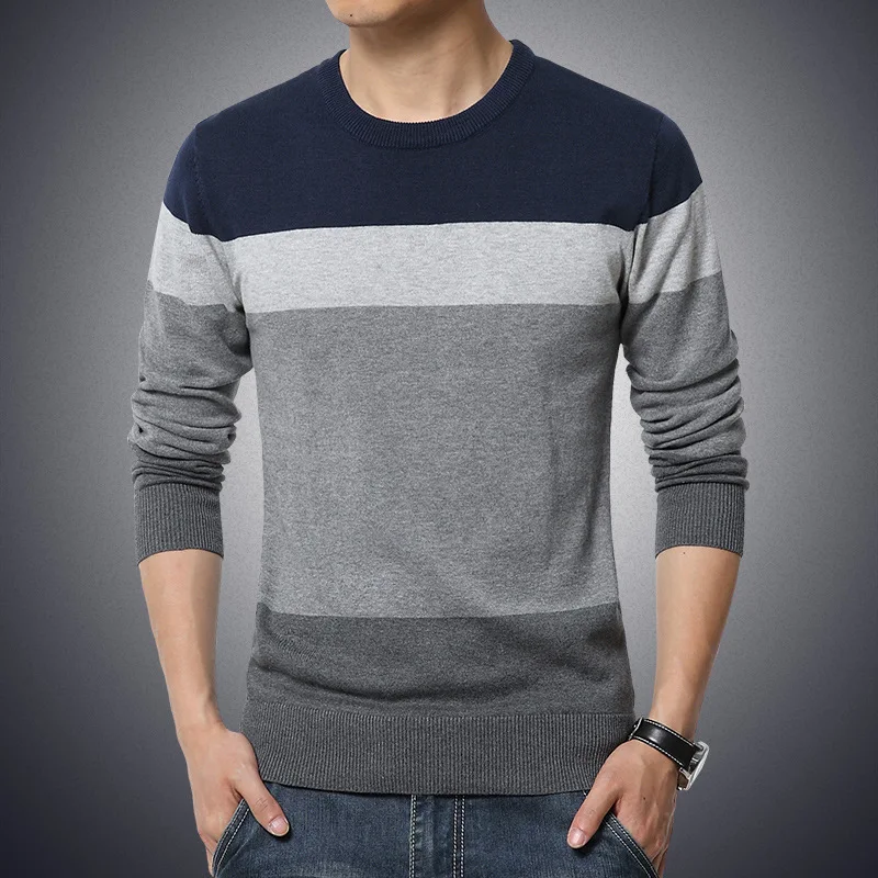 Осенний повседневный мужской свитер с О-образным вырезом в полоску, облегающая трикотажная одежда, мужские свитера, пуловеры, пуловеры для мужчин, M-5XL - Цвет: Navy(shenlan)