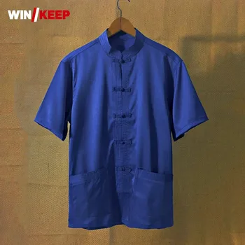 

Plus Size Blue Color Short Sleeve Stand Neck Classic Kung FuTai Chi Martial Arts Shirts For Male Single Breasted Cloth Pure Tops