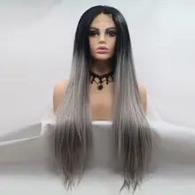 Bombshell черные корни Омбре серый прямой синтетический парик на кружеве Glueless термостойкие волокна волос высокой плотности для женщин