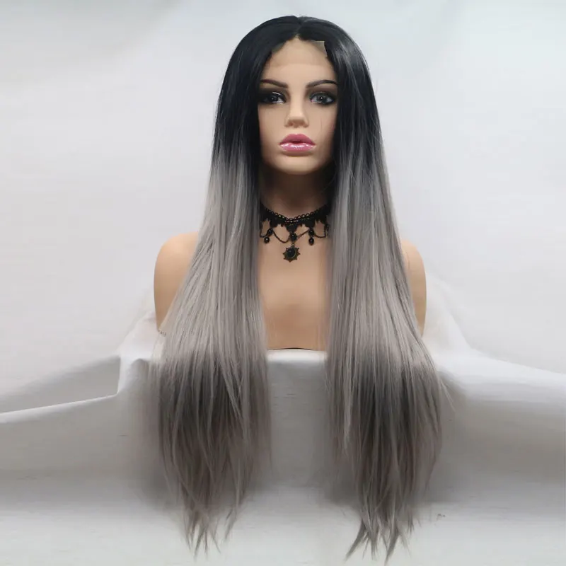 

Bombshell Black Roots Ombre Grey Straight Synthetic Lace Front Wig Glueless Heat Resistant Fiber Hair Heavy Density For Women