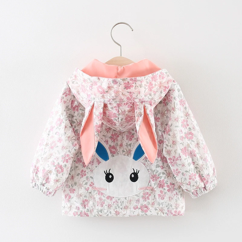 SexeMara/Новинка года, осенняя куртка для девочек, Детское пальто с цветочным рисунком, ветровка с капюшоном и рисунком кролика
