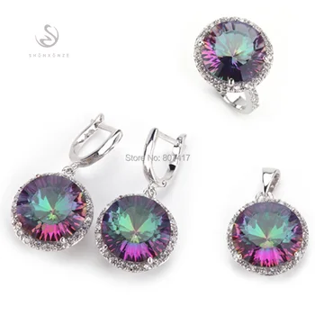 

SHUNXUNZ Big jewelry accessories Rainbow Mystic Stone Bohemia heart set (ring/earring/pendant) Rhodium Plated R735set size 6 - 9