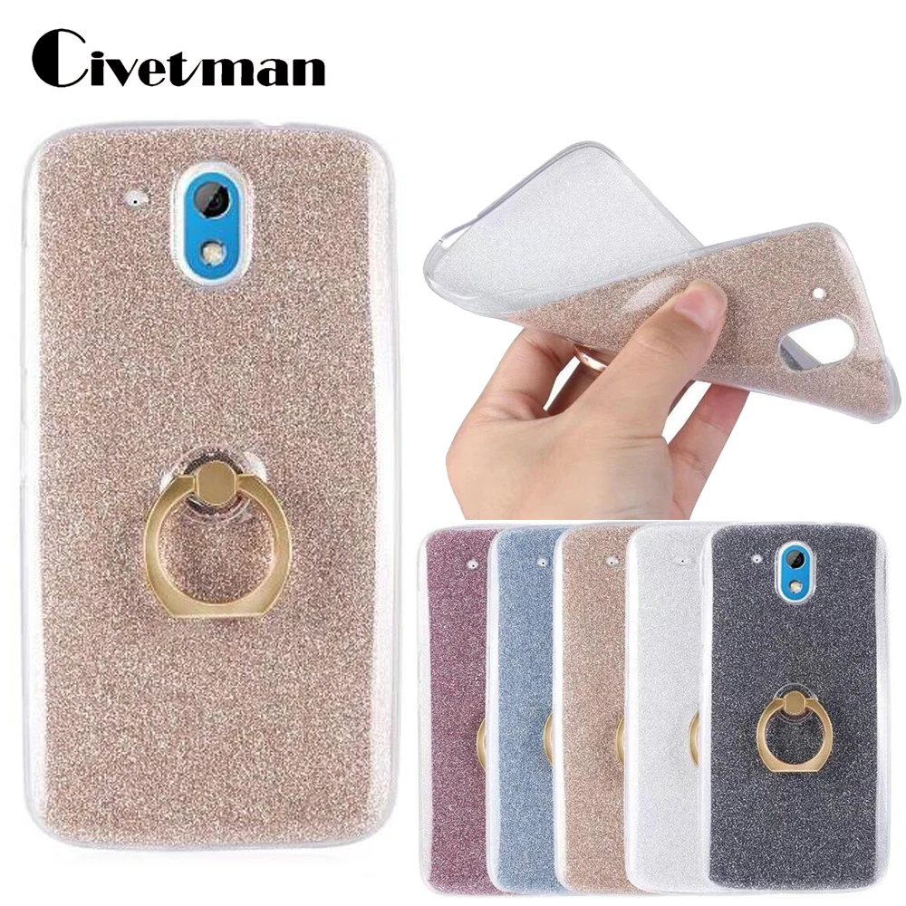 

Cover Case For HTC Desire 526 526G 326 326G 4.7" TPU Silicone Protection Shell Shine Flash Glitter Powder Finger Ring Kickstand