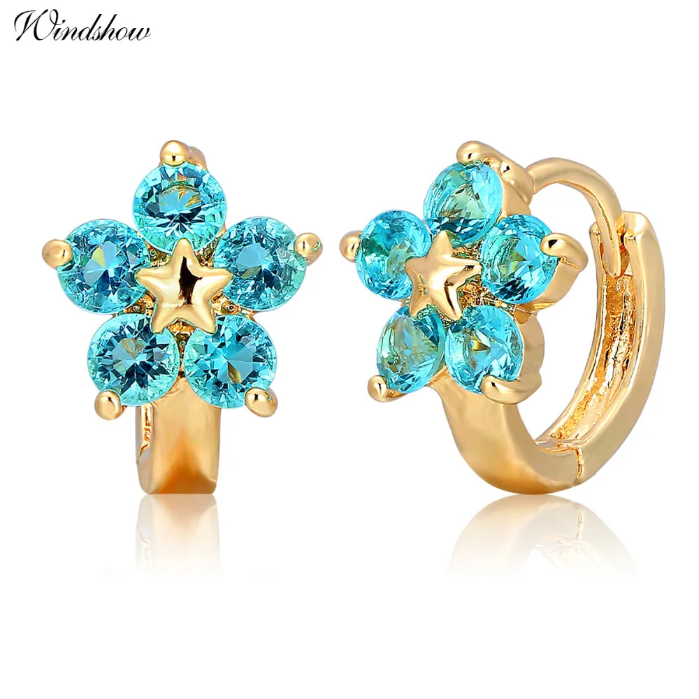 

Five Round Blue Crystals Flower Circles Loops Small Huggie Hoop Earrings For Women Children Girls Baby Kids Gold Color Jewelry