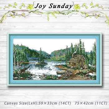 

Cabin With lake and hills Scenery decor painting 14CT 11CT counted cross stitch kits embroidery set Needlework Set Home decor