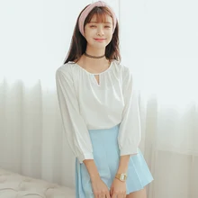 2017 Women Kawaii Spring Cutout Solid Color Chiffon Shirt Three Quarter Sleeve Vintage Shirts Female Korean Harajuku Blouses