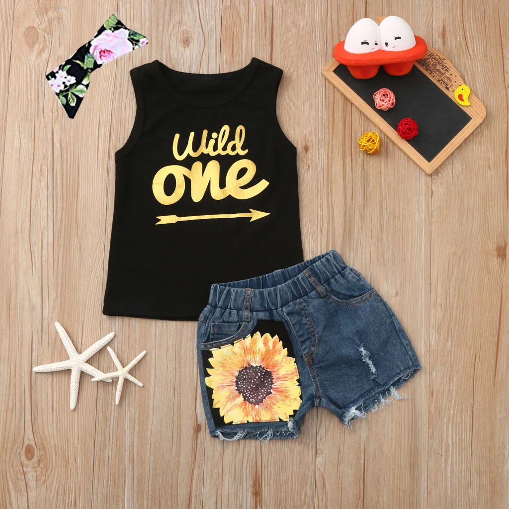 Toddler Kids Clothing Baby Girls Cute Ruffle Flower Vest Tank Top+Denim Ripped Shorts Pants 2Pcs Outfits Clothes Set