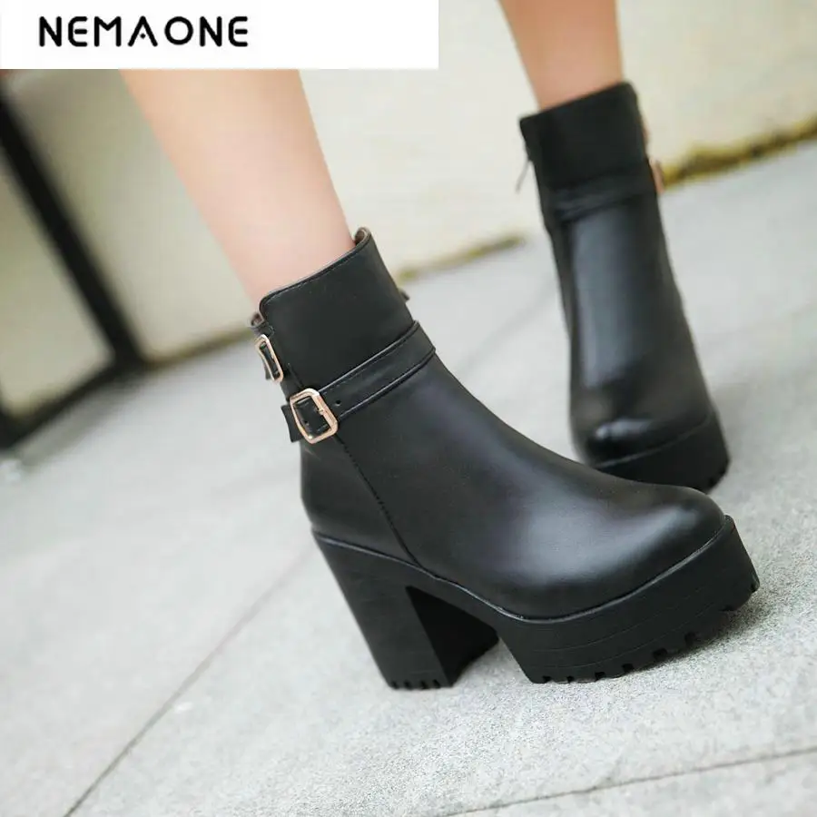 

New Winter Sexy Women Boots Fashion Platform punk high square heels Black Buckle Ankle boots Plus Size 34-43