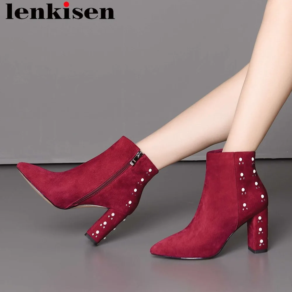 

2018 hot sale oxford pointed toe kid suede high thick heels zipper glitter crystals british style chelsea boots ankle boots L68