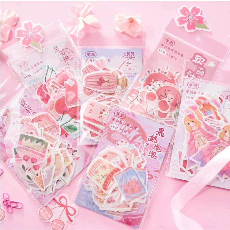 

18 pack/lot Cherry Soft Cake Journal Decorative Sticker Adhesive Stickers DIY Decoration Diary Stationery Stickers Children Gift