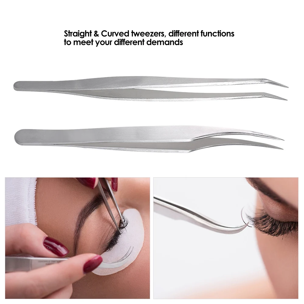 2Pc Stainless Steel Eyelash Extension Tweezers Straight Curved Tip Eyelash Tweezers for Eyelash Extension Tools With Storage Box