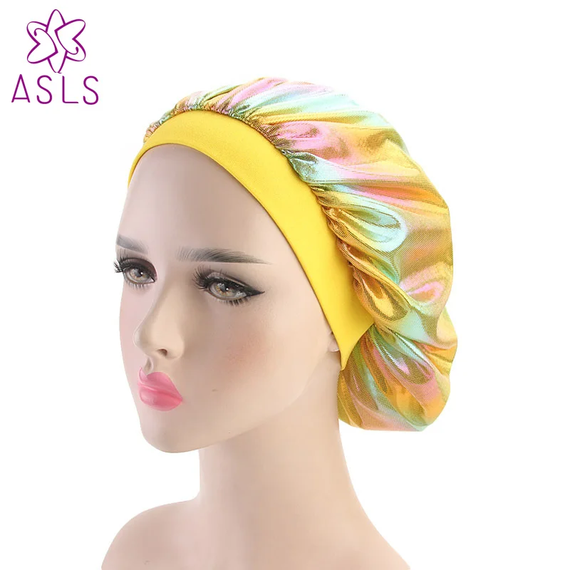 New Fashion laser elastic wide band Satin Cap comfortable
