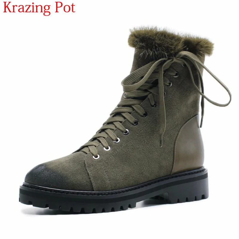 

2018 Cow Suede Fur Wool Round Toe Winter Shoes Office Lady Luxury Lace Up Snow Boots Vintage Women Motorcycle Ankle Boots L92