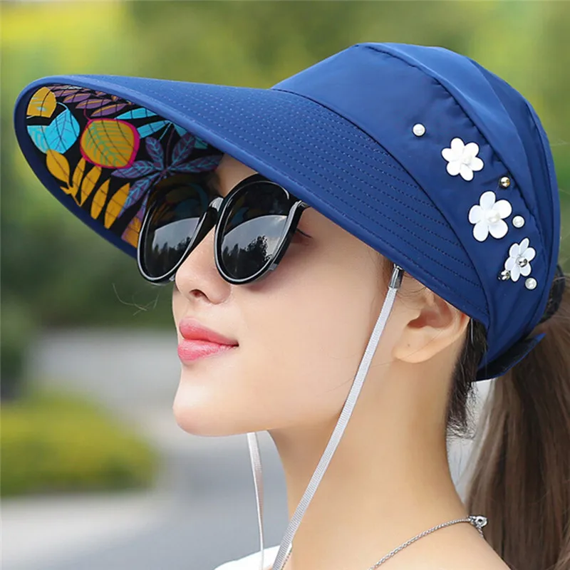 1PCS Women Summer Sun Hats Pearl Packable Sun Visor Hat With Big Heads