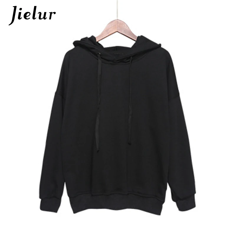 Jielur однотонные Harajuku тонкие женские свитшоты с капюшоном Kawaii черная укороченная