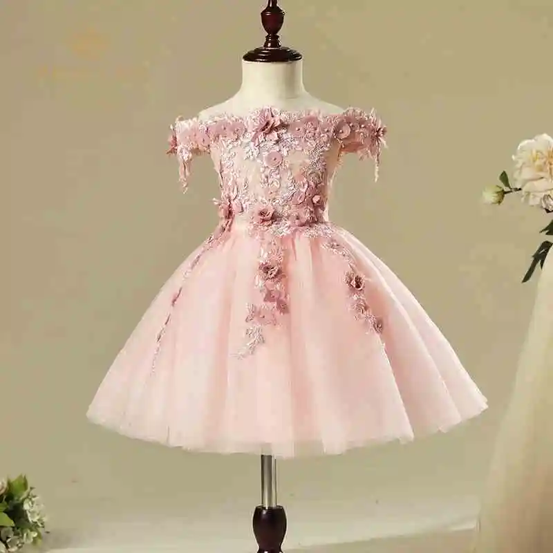 Pink Appliques Girls Christmas Dress embroidery Elegant Party Dress Off Shoulder Kid Wedding Dresses for Girl Princess Tutu Gown