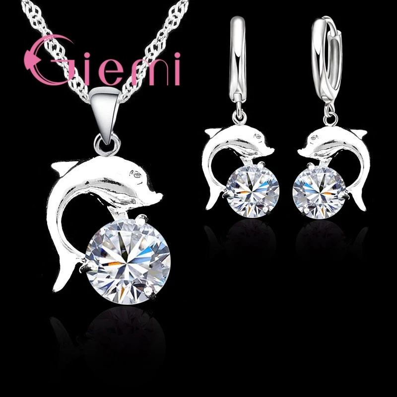 Novel Dolphin Animal Pattern Jewelry Sets For Lovely Women Girls Silver Cubic Zirconia Style Pretty Gift