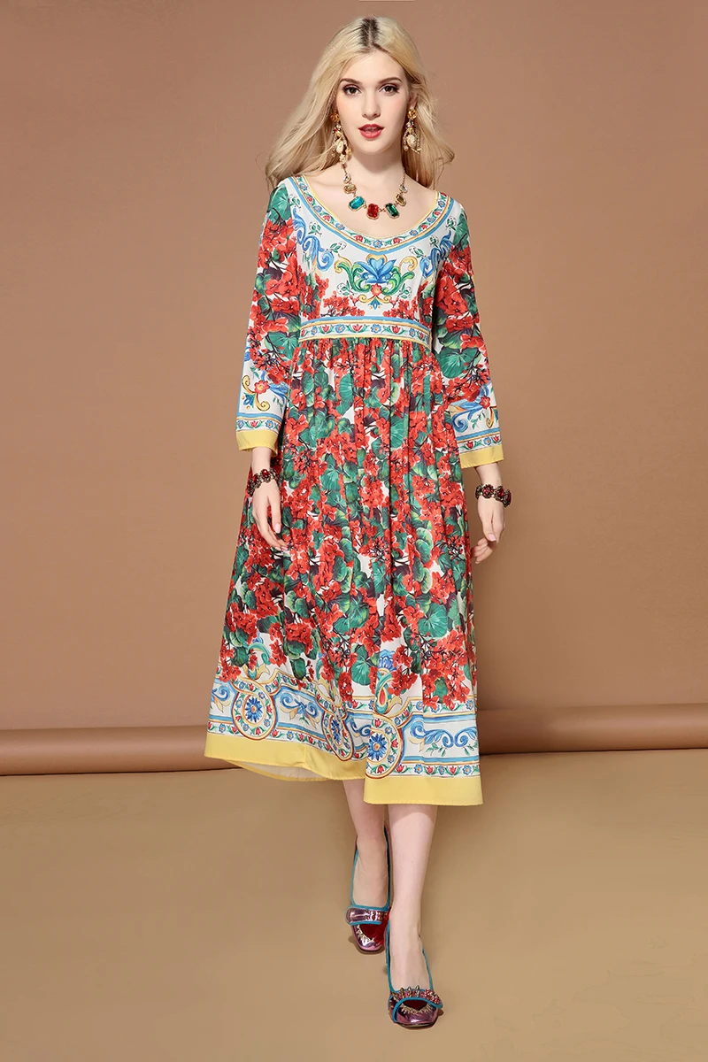 LD LINDA делла модное подиумное осеннее платье женское с длинным рукавом Многоцветный цветочный принт ТРАПЕЦИЕВИДНОЕ миди повседневное праздничное элегантное платье