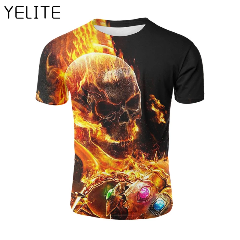 YELITE Skull Print Men T-Shirt Diamond gloves Plus Size Tees 3D tshirt 2019 T shirt Homme Burning fire Male Streetware Tops |