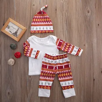 

Baby Boy Girl Christmas Clothes Set Geometric Patterns Print Long sleeve Bebe Sleepwear Suit Tops + Pants + Hat Clothing Set