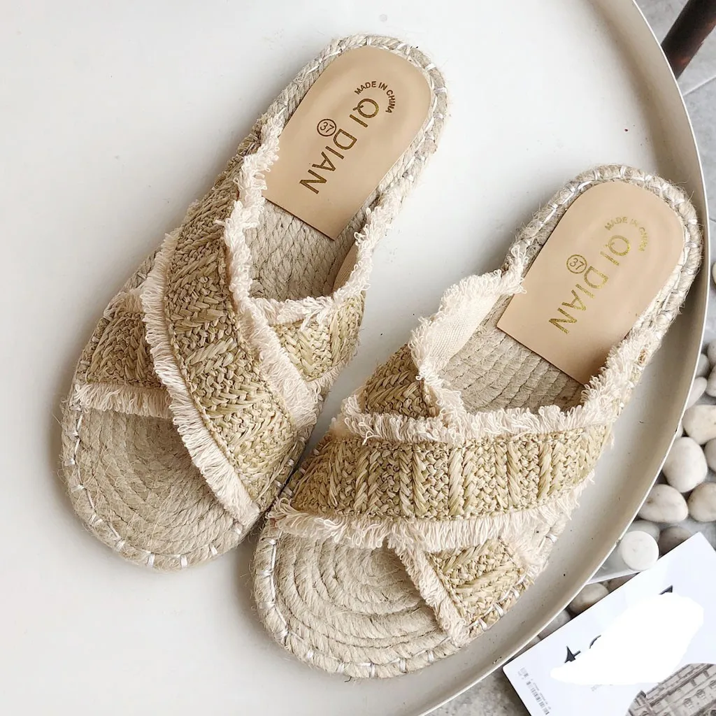 YOUYEDIAN Summer Women Shoes Flat Sandals Grass Sandals Braided Hemp