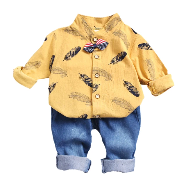Feather Printed Baby Summer Clothing Set For Boys Shirt Jeans Children