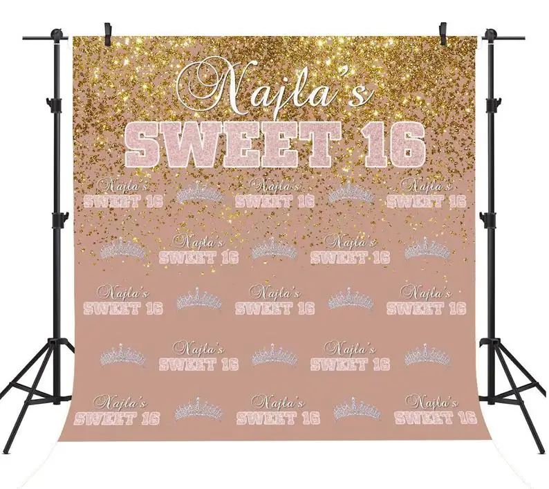 

Custom Sweet 16 Backdrop Pink and Gold Glitter Sweet Sixteen Birthday Party Banner Photo Studio Booth Background for Photography