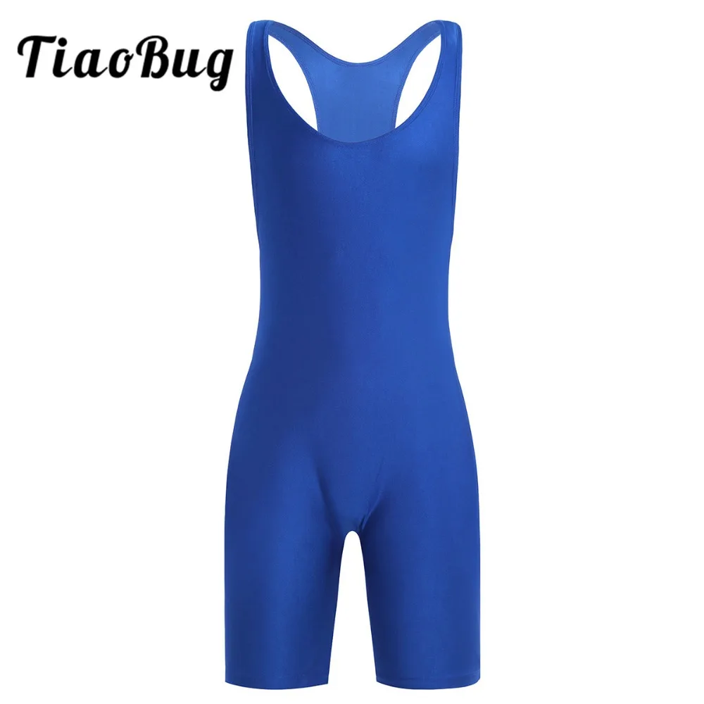 

2018 TiaoBug Sexy Deep U-Neckline Mens Tight Bodysuit Underwear One-piece Sleeveless Solid Modified Wrestling Singlet BodySuit