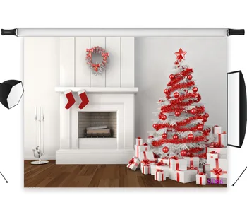 

LB Polyester & Vinyl White Christmas Tree Red Ornament Gifts Fireplace Socks Backgrounds For Photo Studio Photography Backdrops