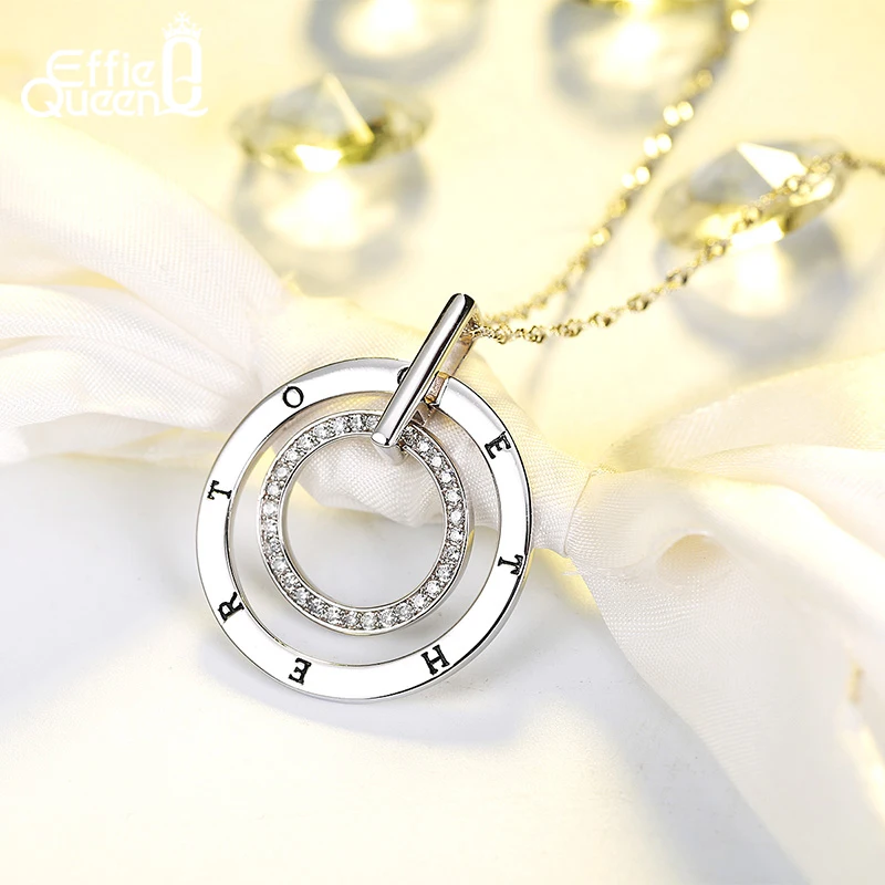 

Effie Queen New Round Double Circles Pendant Long Necklace Women White Gold Chain Fashion Jewelry Wholesale Gift DN127