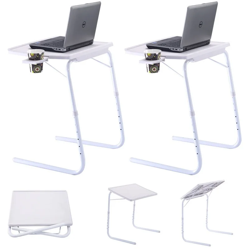 

2 Pieces Height Adjustable Laptop Desk Tray White Foldable Lightweight Home Office Computer Desks with A Cup Holder HW51996