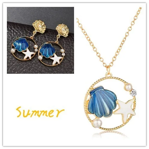 

Starfish Shell Pendant Sweet Romantic Earrings Necklace Set Ladies Gold Necklace Earrings Set Summer Girlfriend Birthday Gift
